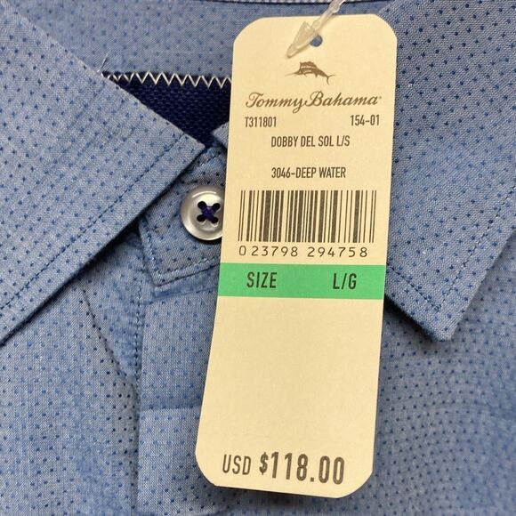 Men's Blue Button-Up Shirt Tommy Bahama Size Large NWT MSRP $118 (OKPM-05-006) - Picture 2 of 7